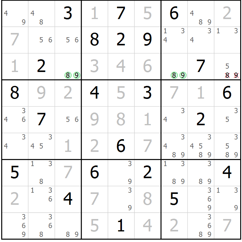 Position des candidats pour la solution de la Gr 1 page 4 du magazine de sudoku Virtuose n° 121