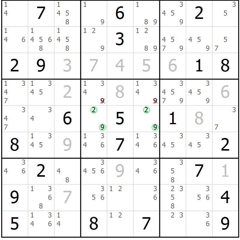 Position des candidats pour la solution de la Gr 11 page 14 du magazine de sudoku Virtuose n° 121
