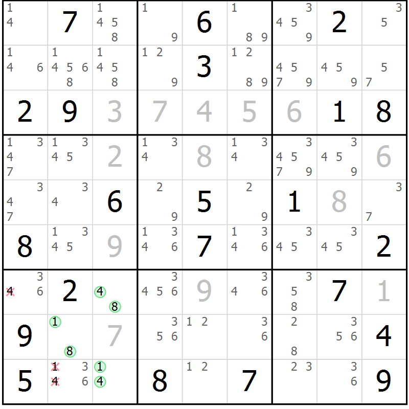 Position des candidats pour la solution de la Gr 11 page 14 du magazine de sudoku Virtuose n° 121