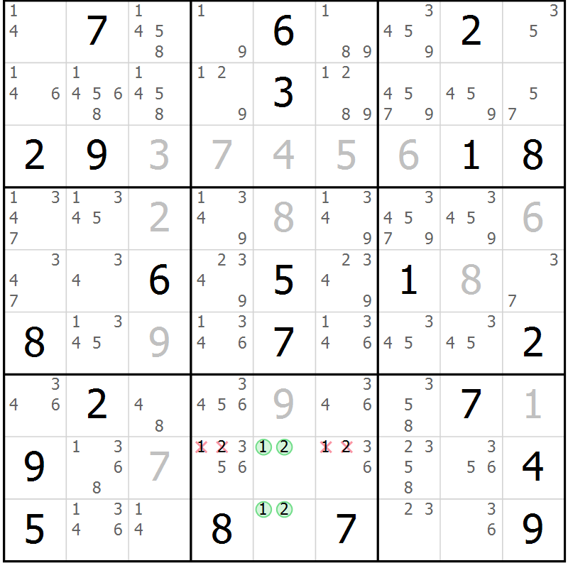 Position des candidats pour la solution de la Gr 11 page 14 du magazine de sudoku Virtuose n° 121