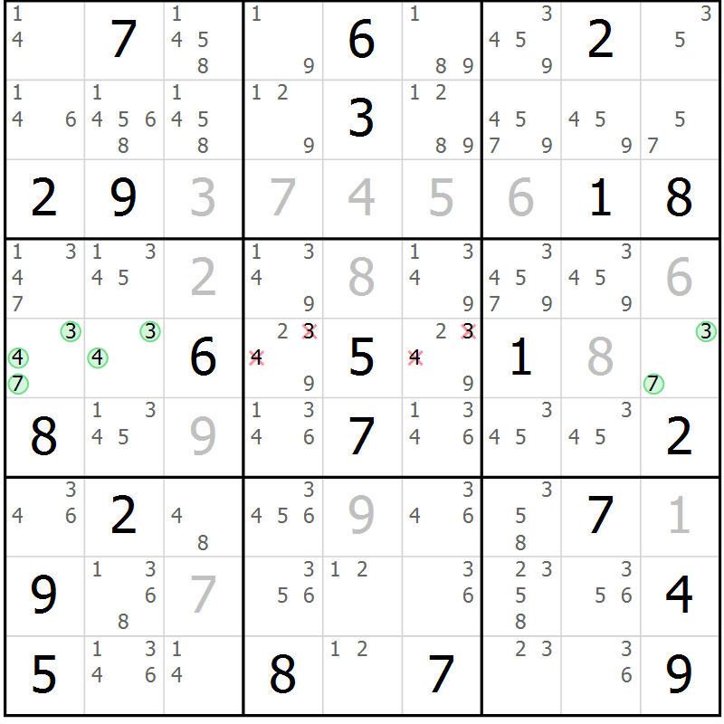 Position des candidats pour la solution de la Gr 11 page 14 du magazine de sudoku Virtuose n° 121