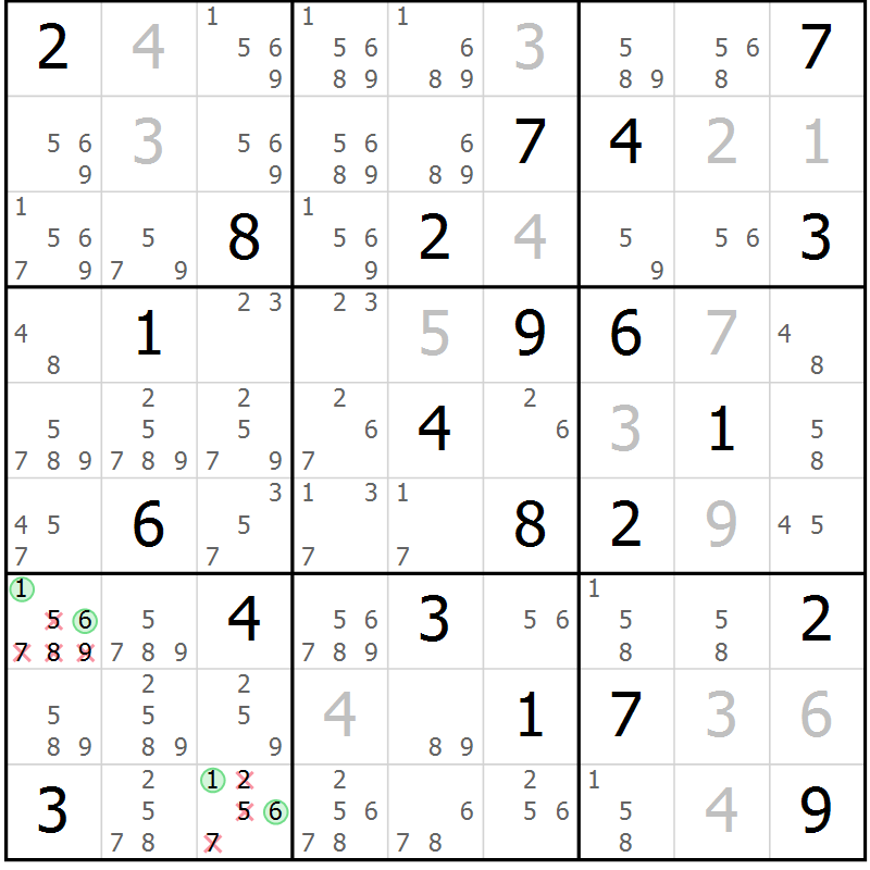 Position des candidats pour la solution de la Gr 12 page 15 du magazine de sudoku Virtuose n° 121