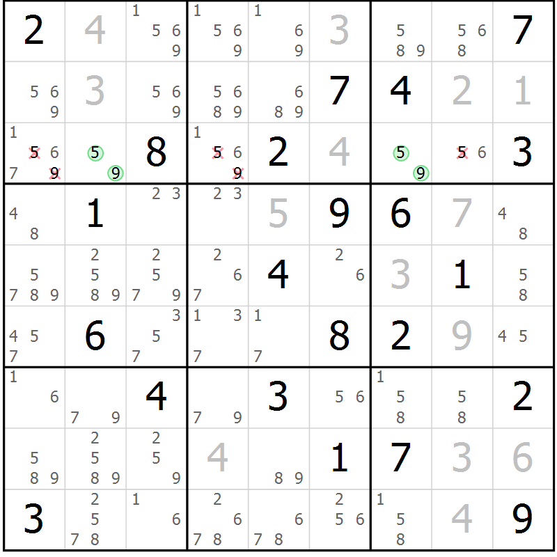 Position des candidats pour la solution de la Gr 12 page 15 du magazine de sudoku Virtuose n° 121