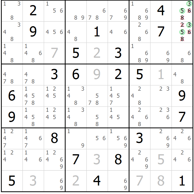 Position des candidats pour la solution de la Gr 13 page 16 du magazine de sudoku Virtuose n° 121