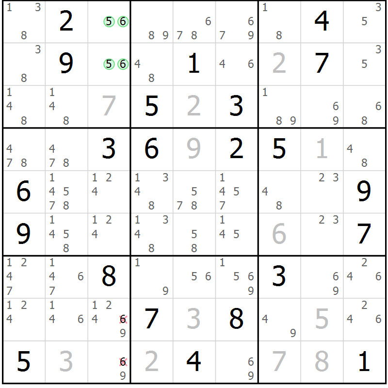 Position des candidats pour la solution de la Gr 13 page 16 du magazine de sudoku Virtuose n° 121