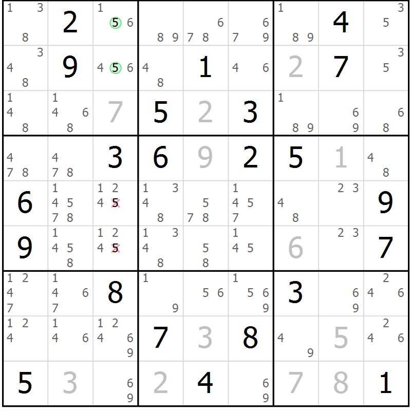 Position des candidats pour la solution de la Gr 13 page 16 du magazine de sudoku Virtuose n° 121