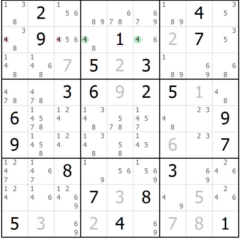 Position des candidats pour la solution de la Gr 13 page 16 du magazine de sudoku Virtuose n° 121