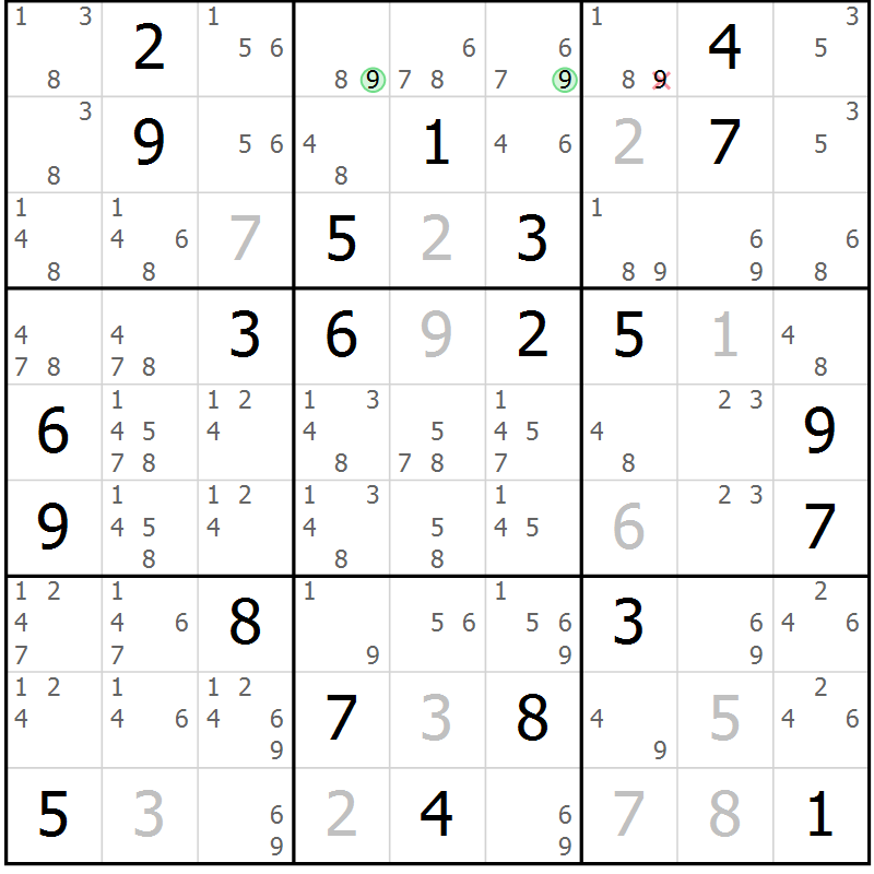 Position des candidats pour la solution de la Gr 13 page 16 du magazine de sudoku Virtuose n° 121