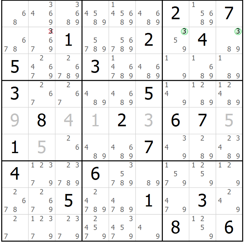 Position des candidats pour la solution de la Gr 14 page 17 du magazine de sudoku Virtuose n° 121