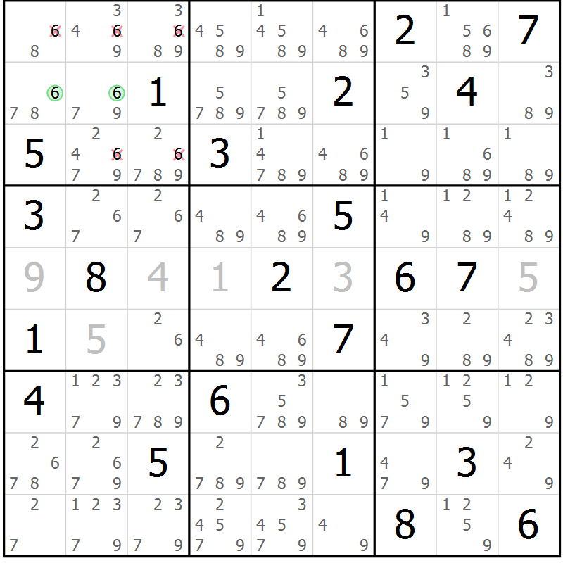 Position des candidats pour la solution de la Gr 14 page 17 du magazine de sudoku Virtuose n° 121