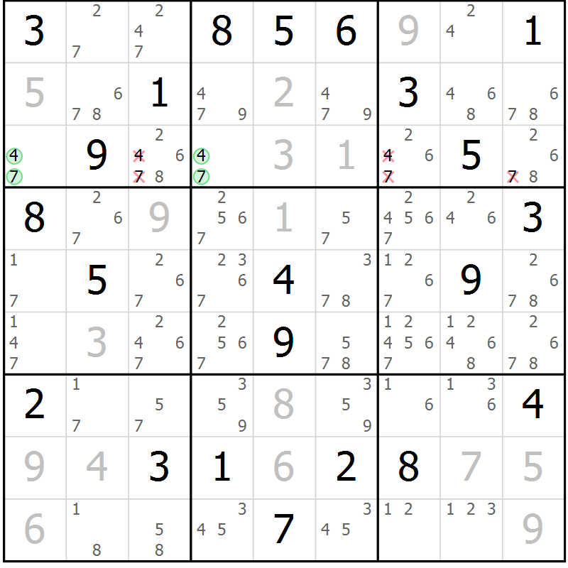 Position des candidats pour la solution de la Gr 15 page 18 du magazine de sudoku Virtuose n° 121