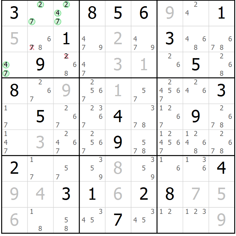 Position des candidats pour la solution de la Gr 15 page 18 du magazine de sudoku Virtuose n° 121