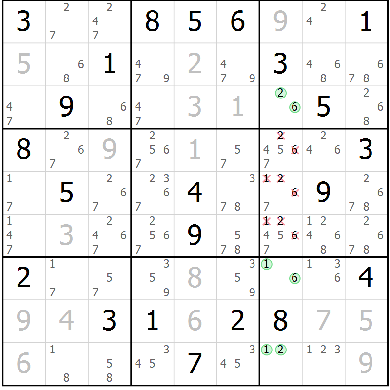 Position des candidats pour la solution de la Gr 15 page 18 du magazine de sudoku Virtuose n° 121