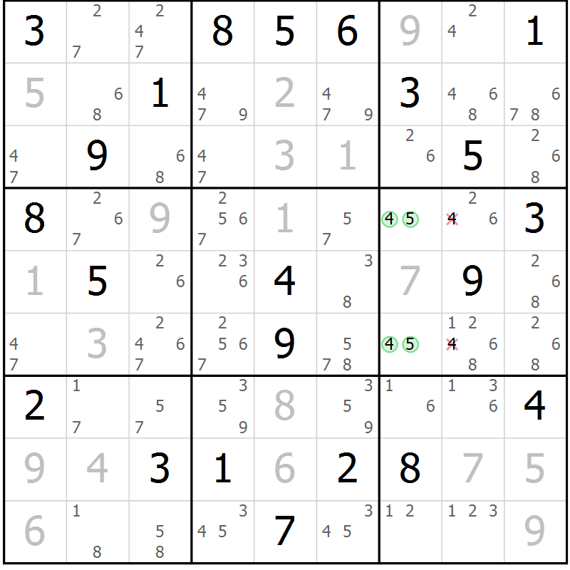 Position des candidats pour la solution de la Gr 15 page 18 du magazine de sudoku Virtuose n° 121