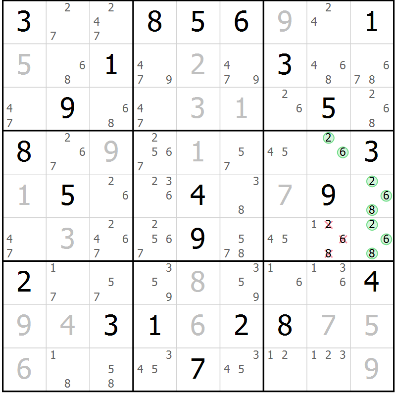 Position des candidats pour la solution de la Gr 15 page 18 du magazine de sudoku Virtuose n° 121
