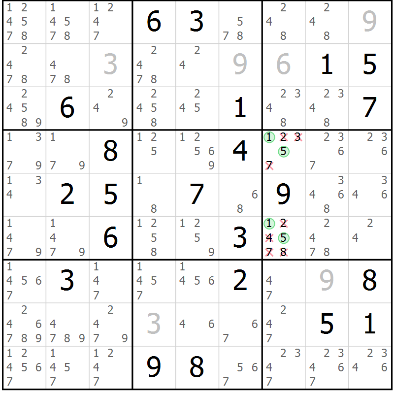 Position des candidats pour la solution de la Gr 17 page 20 du magazine de sudoku Virtuose n° 121