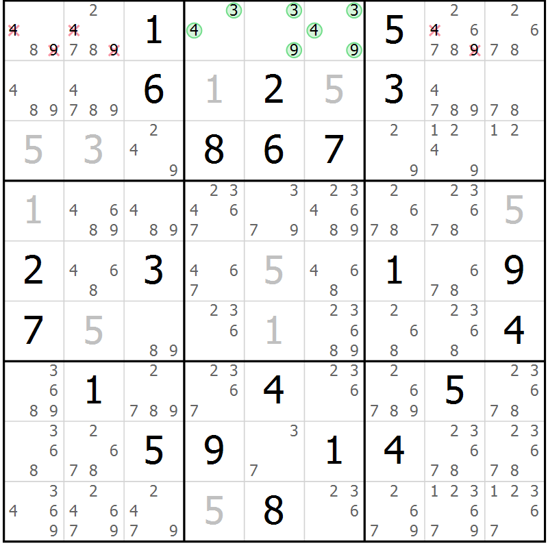 Position des candidats pour la solution de la Gr 18 page 21 du magazine de sudoku Virtuose n° 121