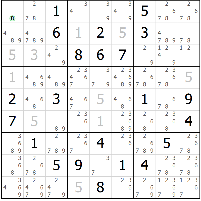 Position des candidats pour la solution de la Gr 18 page 21 du magazine de sudoku Virtuose n° 121