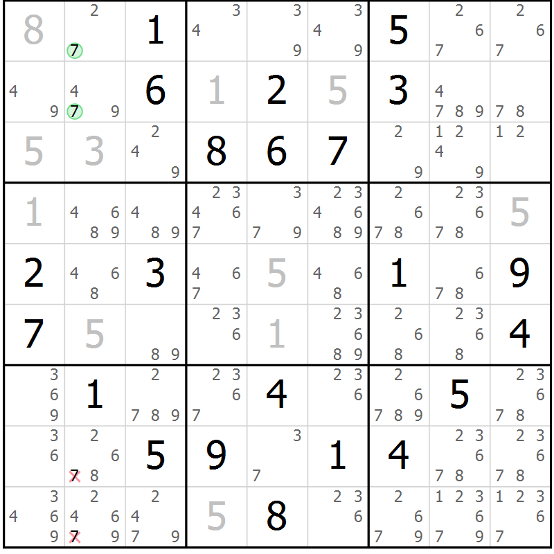 Position des candidats pour la solution de la Gr 18 page 21 du magazine de sudoku Virtuose n° 121