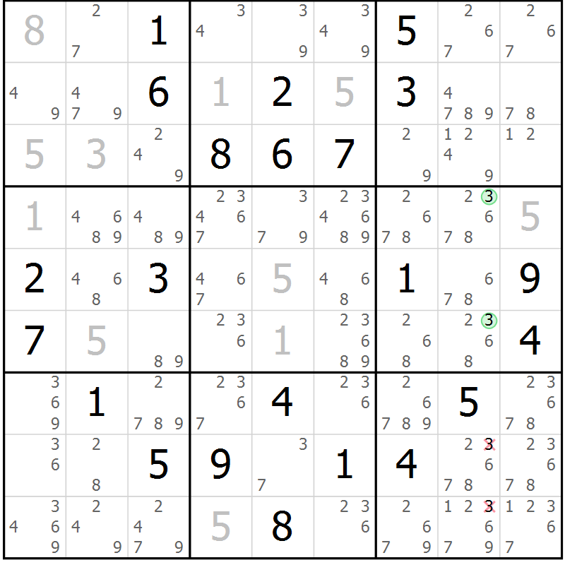Position des candidats pour la solution de la Gr 18 page 21 du magazine de sudoku Virtuose n° 121