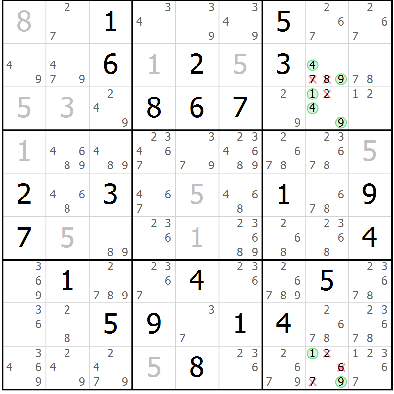 Position des candidats pour la solution de la Gr 18 page 21 du magazine de sudoku Virtuose n° 121