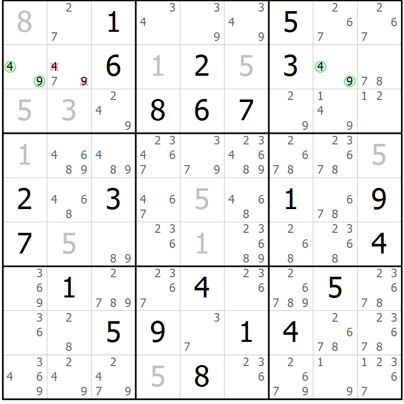 Position des candidats pour la solution de la Gr 18 page 21 du magazine de sudoku Virtuose n° 121