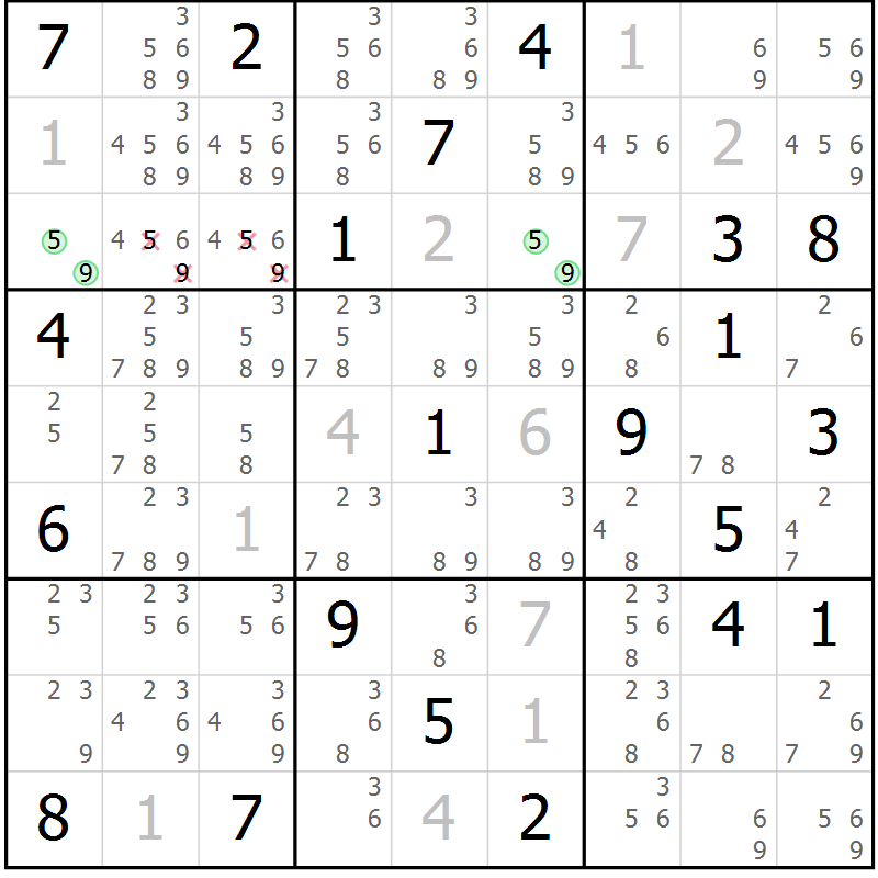 Position des candidats pour la solution de la Gr 19 page 22 du magazine de sudoku Virtuose n° 121