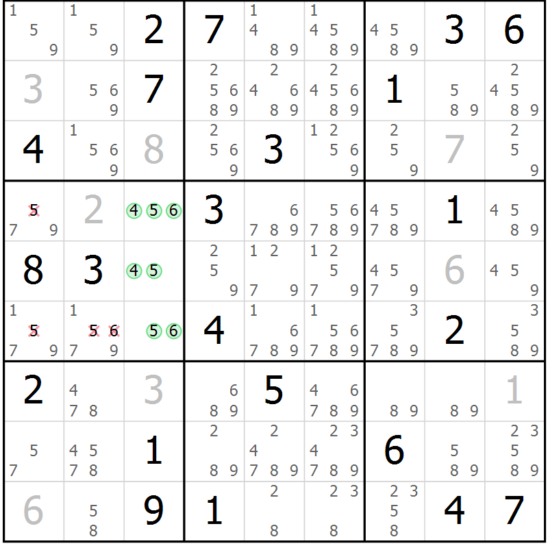 Position des candidats pour la solution de la Gr 2 page 5 du magazine de sudoku Virtuose n° 121