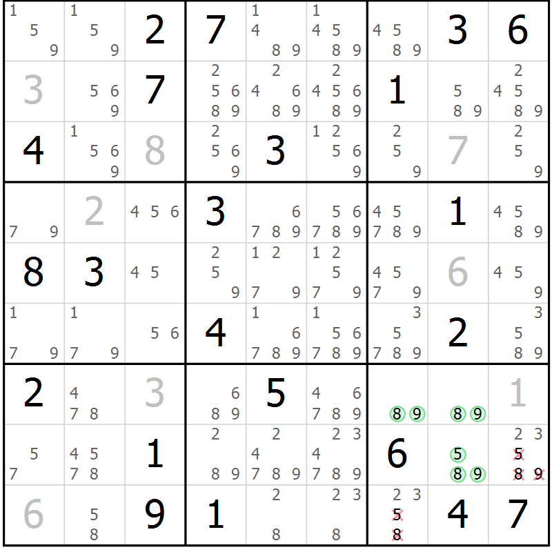 Position des candidats pour la solution de la Gr 2 page 5 du magazine de sudoku Virtuose n° 121