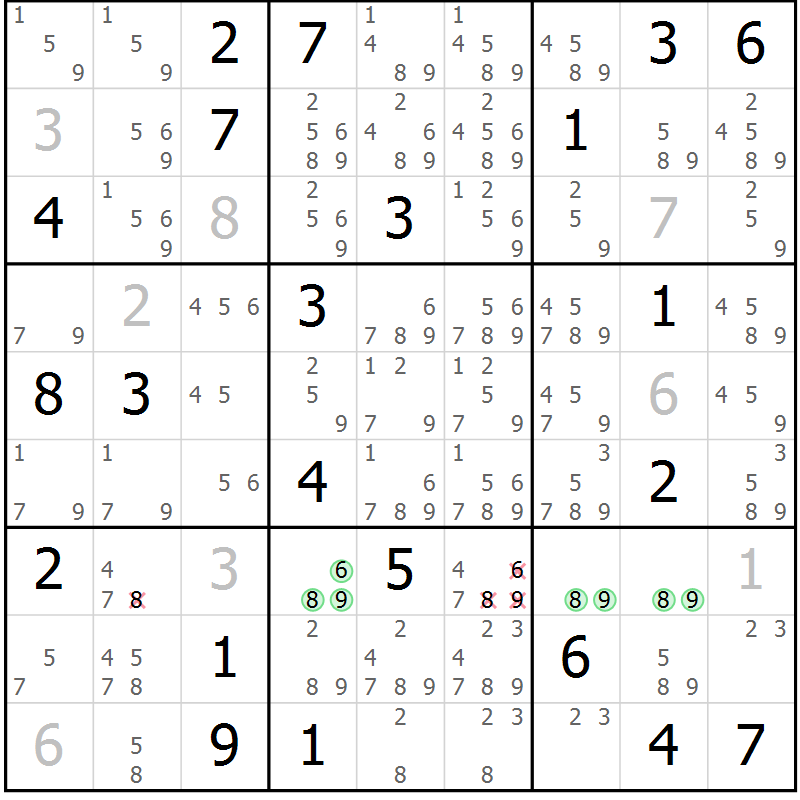 Position des candidats pour la solution de la Gr 2 page 5 du magazine de sudoku Virtuose n° 121