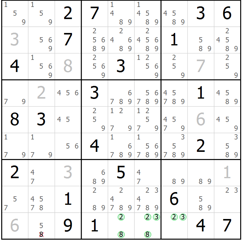 Position des candidats pour la solution de la Gr 2 page 5 du magazine de sudoku Virtuose n° 121