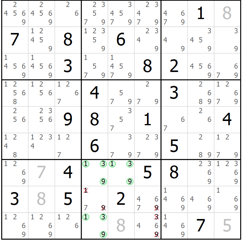 Position des candidats pour la solution de la Gr 20 page 23 du magazine de sudoku Virtuose n° 121