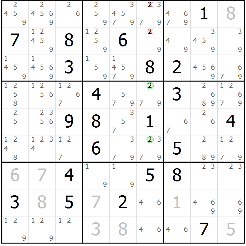 Position des candidats pour la solution de la Gr 20 page 23 du magazine de sudoku Virtuose n° 121