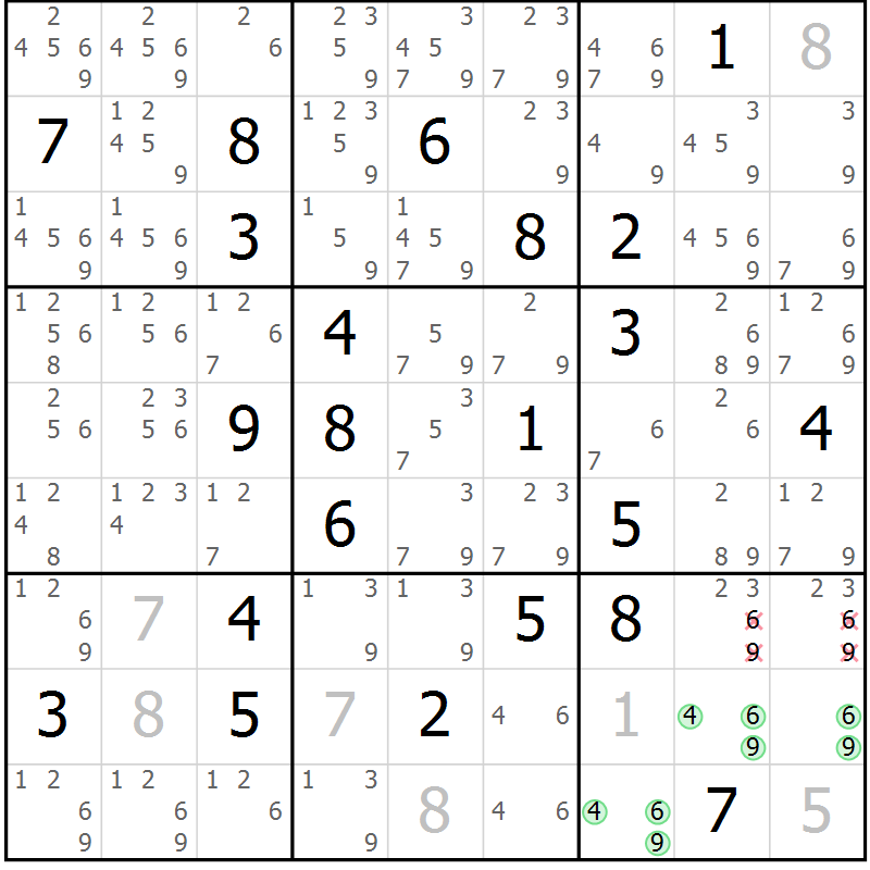 Position des candidats pour la solution de la Gr 20 page 23 du magazine de sudoku Virtuose n° 121