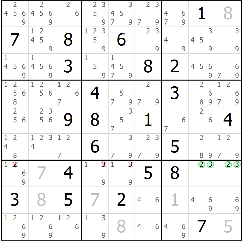 Position des candidats pour la solution de la Gr 20 page 23 du magazine de sudoku Virtuose n° 121