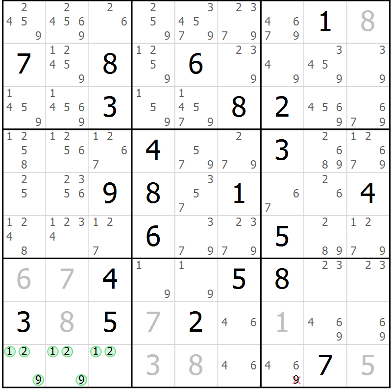 Position des candidats pour la solution de la Gr 20 page 23 du magazine de sudoku Virtuose n° 121