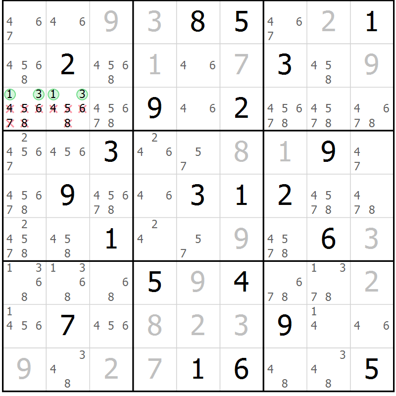 Position des candidats pour la solution de la Gr 21 page 24 du magazine de sudoku Virtuose n° 121