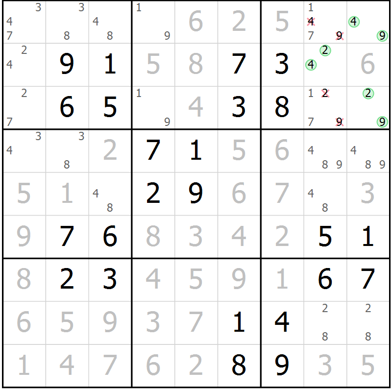 Position des candidats pour la solution de la Gr 24 page 27 du magazine de sudoku Virtuose n° 121