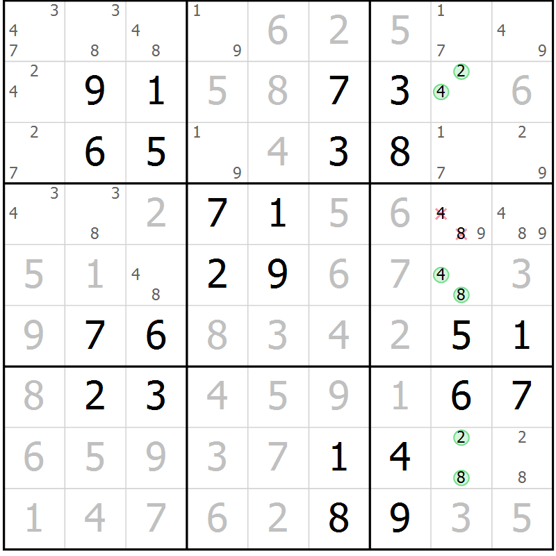 Position des candidats pour la solution de la Gr 24 page 27 du magazine de sudoku Virtuose n° 121