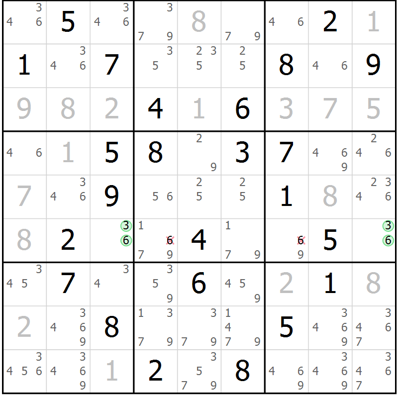 Position des candidats pour la solution de la Gr 25 page 28 du magazine de sudoku Virtuose n° 121