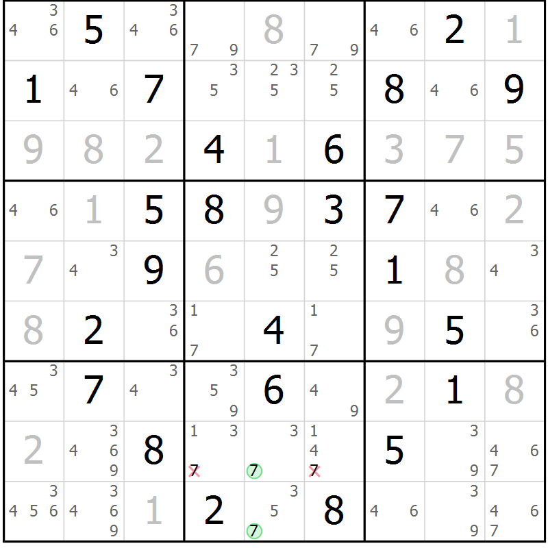 Position des candidats pour la solution de la Gr 25 page 28 du magazine de sudoku Virtuose n° 121