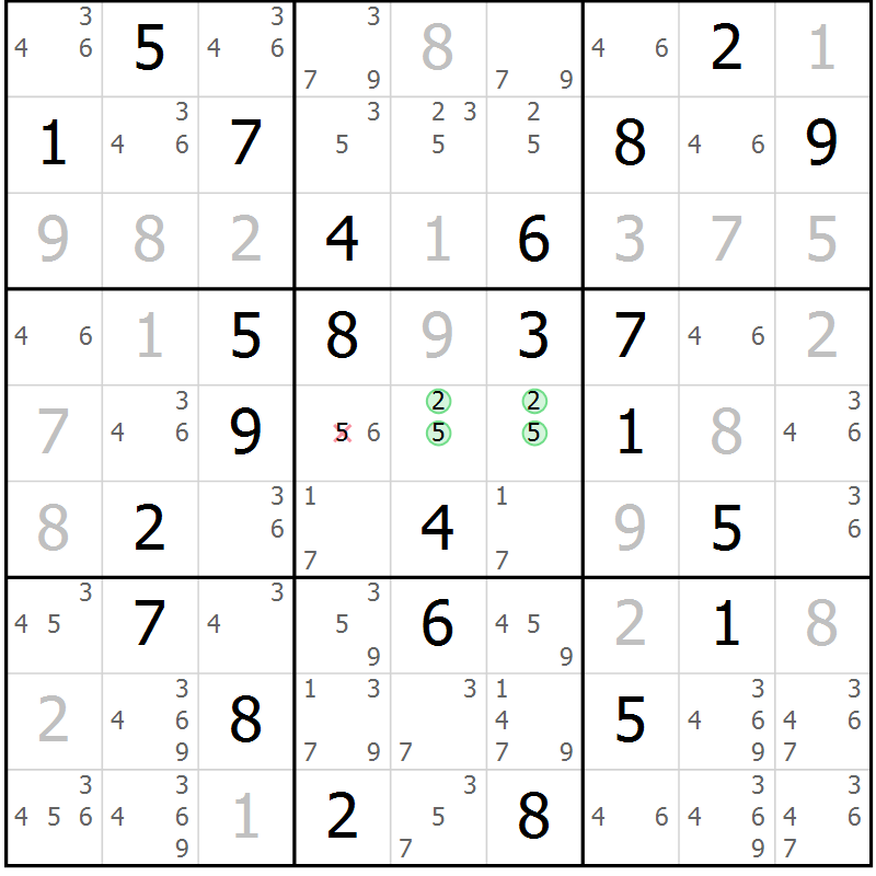 Position des candidats pour la solution de la Gr 25 page 28 du magazine de sudoku Virtuose n° 121