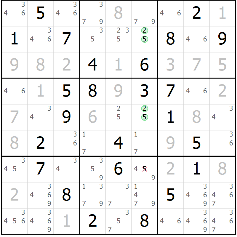 Position des candidats pour la solution de la Gr 25 page 28 du magazine de sudoku Virtuose n° 121