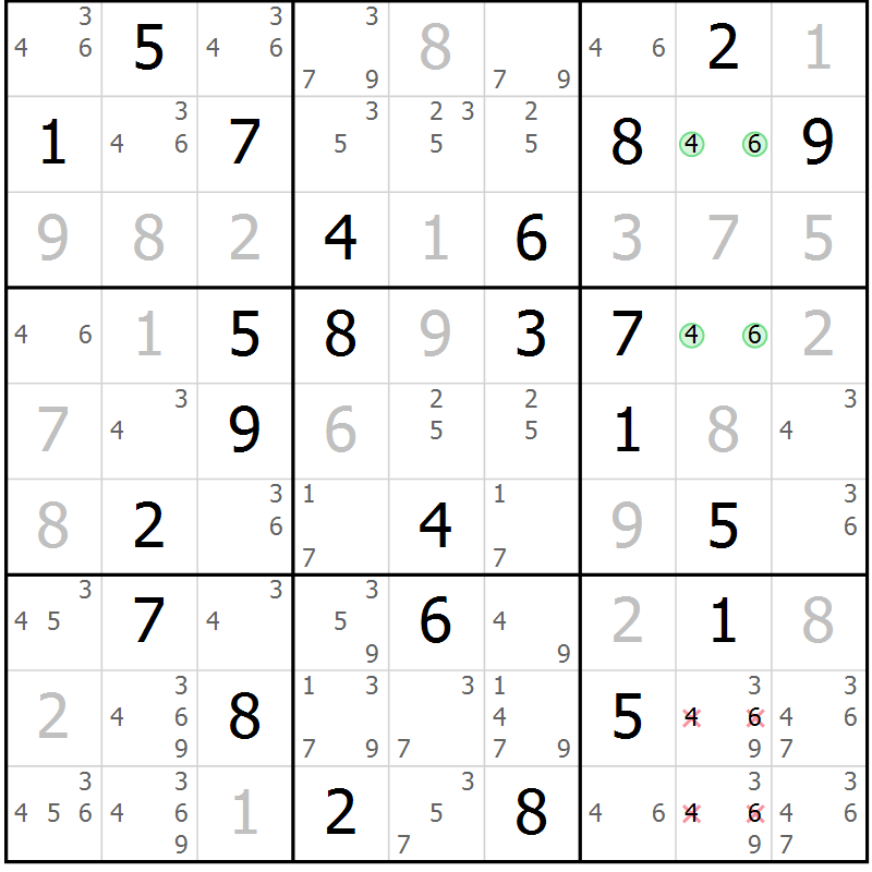 Position des candidats pour la solution de la Gr 25 page 28 du magazine de sudoku Virtuose n° 121