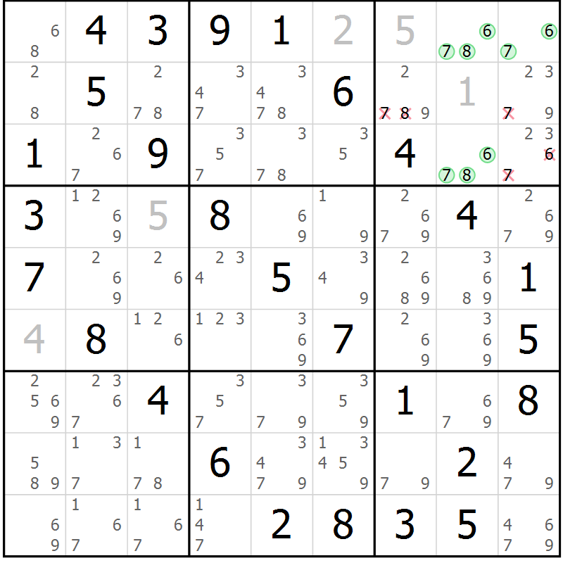 Position des candidats pour la solution de la Gr 26 page 29 du magazine de sudoku Virtuose n° 121