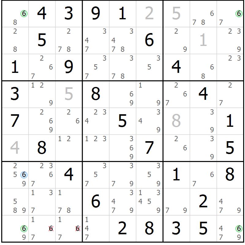 Position des candidats pour la solution de la Gr 26 page 29 du magazine de sudoku Virtuose n° 121