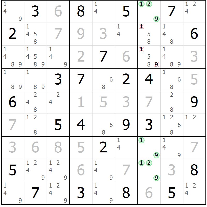 Position des candidats pour la solution de la Gr 29 page 32 du magazine de sudoku Virtuose n° 121