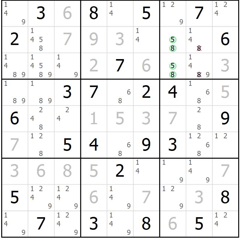 Position des candidats pour la solution de la Gr 29 page 32 du magazine de sudoku Virtuose n° 121