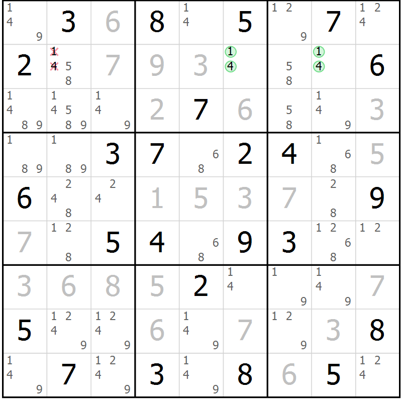 Position des candidats pour la solution de la Gr 29 page 32 du magazine de sudoku Virtuose n° 121