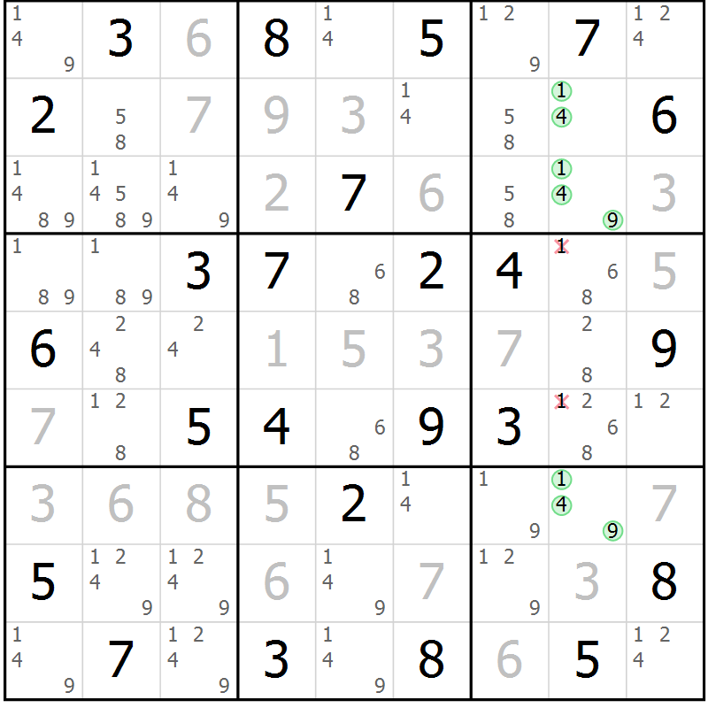 Position des candidats pour la solution de la Gr 29 page 32 du magazine de sudoku Virtuose n° 121